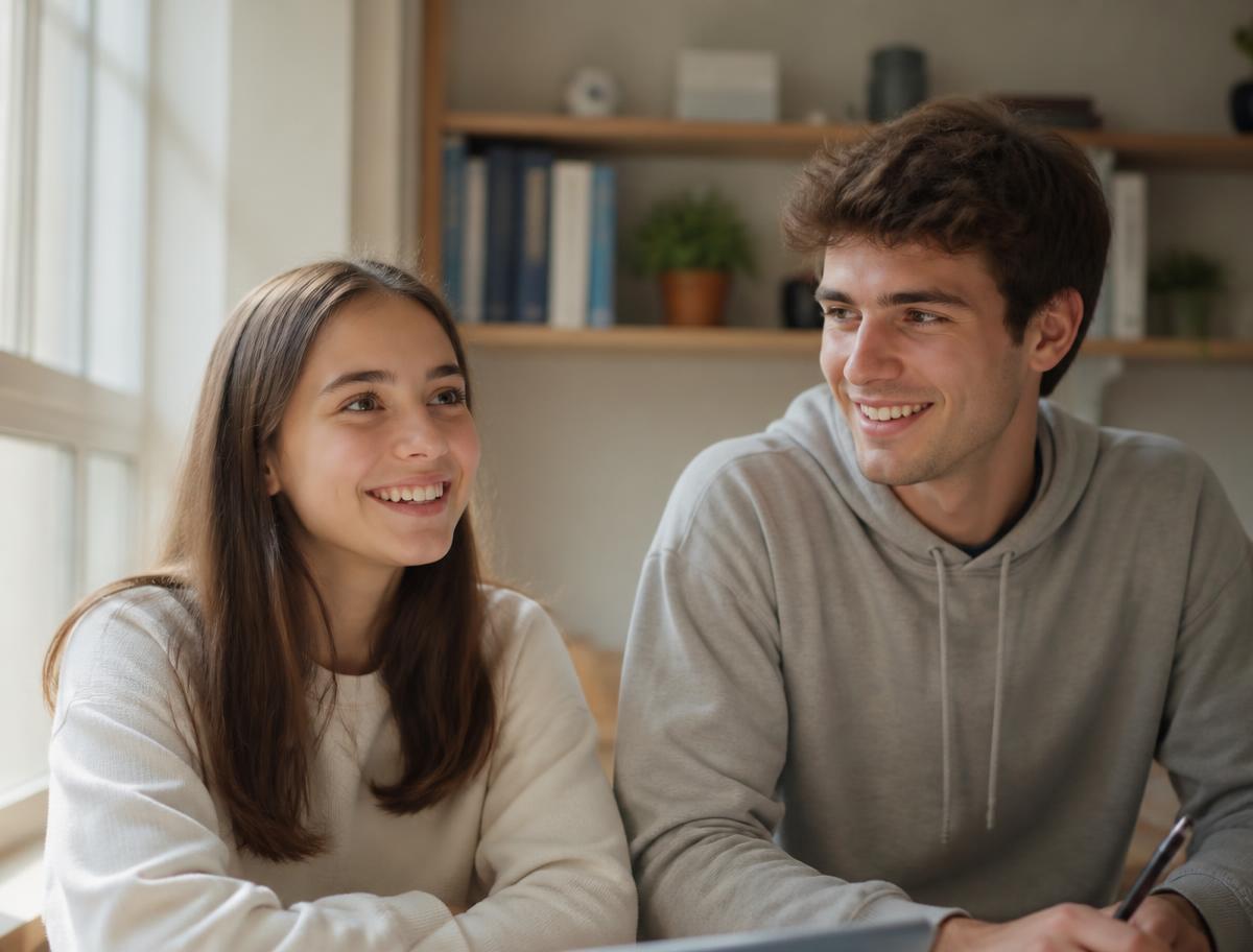 Adolescente et jeune étudiant souriants lors d'un échange bienveillant