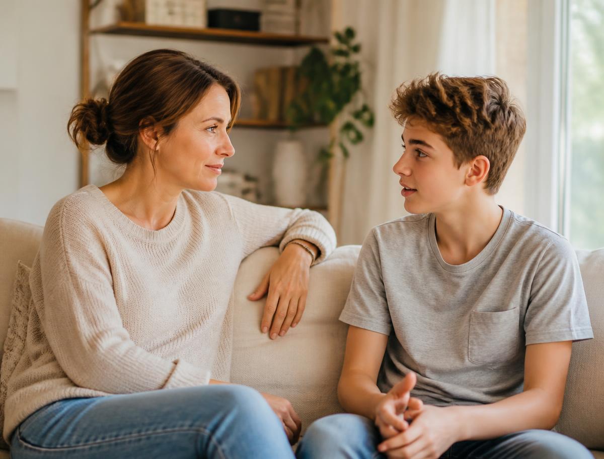 Parent et adolescent discutant sereinement dans un salon lumineux
